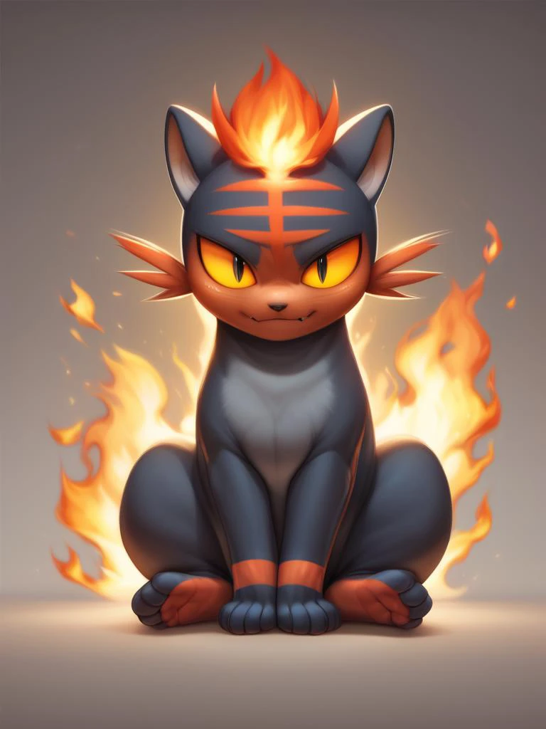 a cat with fire on its head sitting in front of a gray background