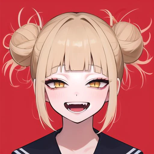 masterpiece, best quality, 1girl,  <lora:toga:0.7>, himikotoga, yellow eyes, hair bun, double bun, messy hair, blunt bangs, short, medium breasts, eye bags, smile, portrait, wink, red background, beige sweater school uniform, front facing, detailed face, o...