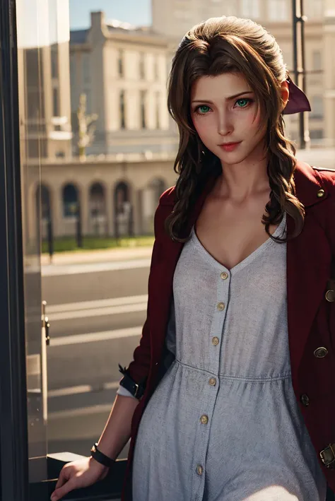 masterpiece,best quality,highres,<lora:MIAOKA_Aerith:0.8>,1girl,solo,Aerith Gainsborough,green eyes,hair ornament,classical style,timeless clothing,elegant silhouettes,refined fabrics,sophisticated color palettes,cowboy shot,looking at viewer,bus stop,