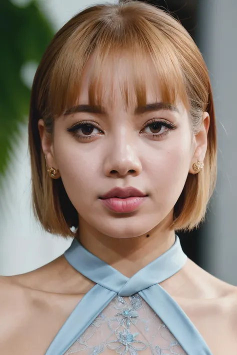 photoshoot of lalisaMan1, (blonde hair), (pixie cut), , detailed skin texture, (blush:0.2), (goosebumps:0.3), (light blue dress), subsurface scattering, Photorealistic, Hyperrealistic, Hyperdetailed, analog style, hip cocked, demure, detailed skin, matte s...