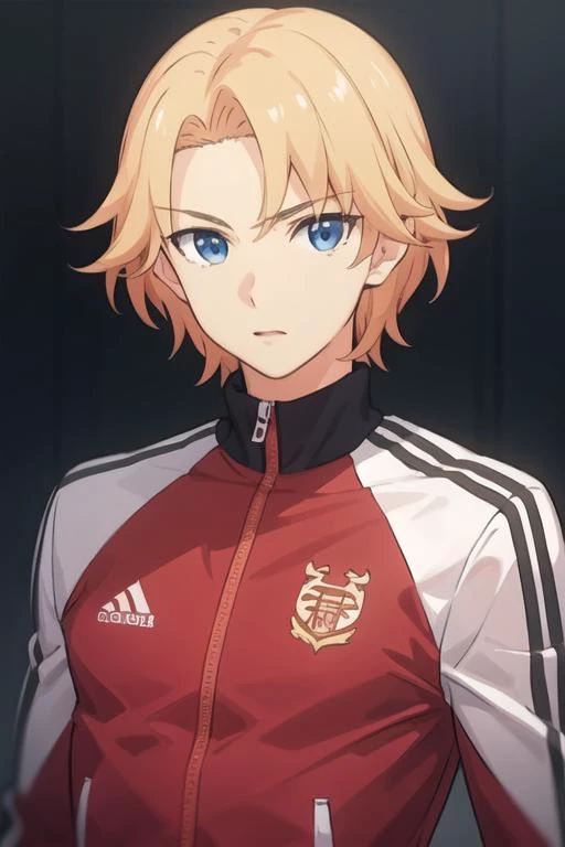 masterpiece, best quality, high quality, 1boy, solo, male focus, looking at viewer, upper body, <lora:august_von_earlshide:0.68>, august_von_earlshide, blonde hair, blue eyes, realistic, track suit