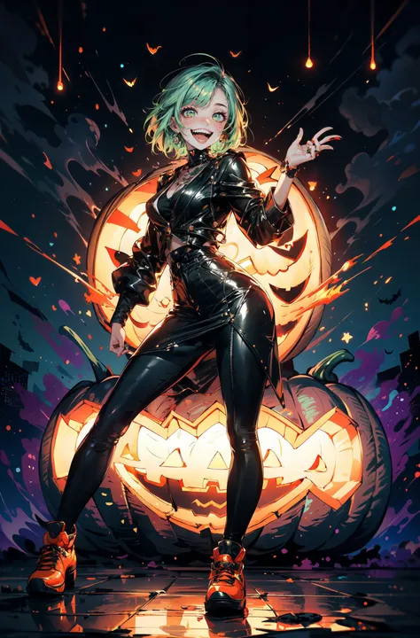 1girl,standing,green hair,short hair,portrait,looking at viewer,teeth,laughing,laugh,smile,grin widely,open mouth,colorful,color explosion behind,neon,scary,(horror style),mad,(madness),(mad laugh:1.3),(craziness),(mad smile:1.2),expression, pumpkins,pumpk...