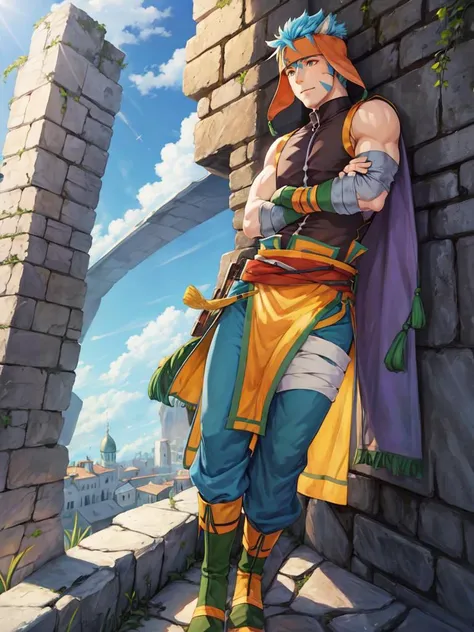 <lora:fireemblem_ranulf-10:.8>, ranulf, facial mark, heterochromia, purple eyes, green eyes, headband, sleeveless, gloves, pants, bandages, boots, medieval fortress, daylight, crossed arms, leaning, leaning against wall