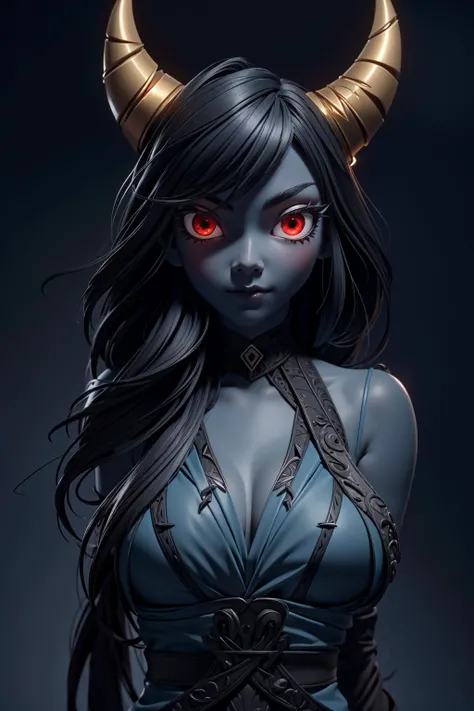 cute adorable innocent demon girl, horns, red eyes, disney pixar style, large breasts, colored skin, (dark grey skin:1.1), dark theme, (best quality, masterpiece, 4k, ultra detailed, sharp focus, 8k, high definition, insanely detailed, intricate:1.2) <lora...