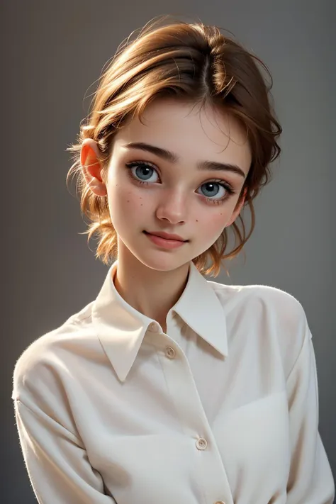 a close up of a woman with a white shirt and blue eyes