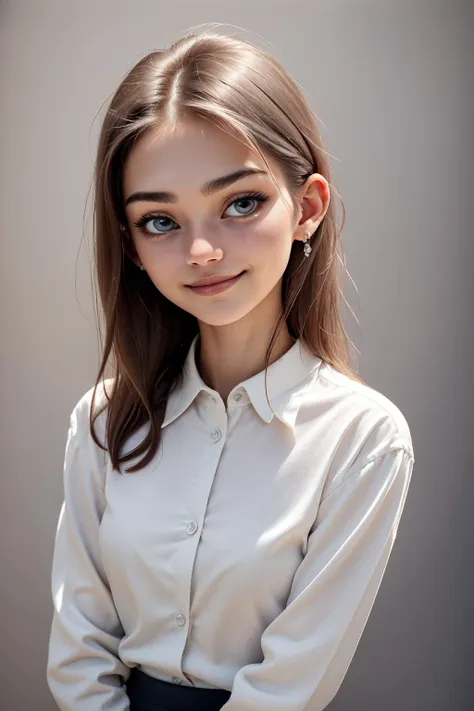 a woman with long hair wearing a white shirt and black skirt