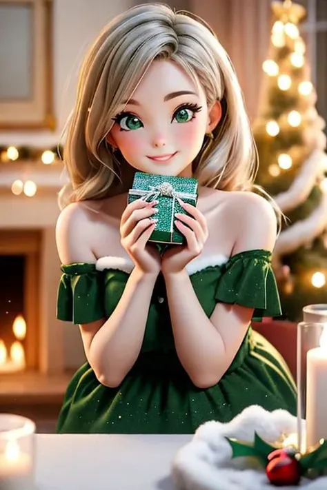 a woman in a green dress holding a present near a christmas tree