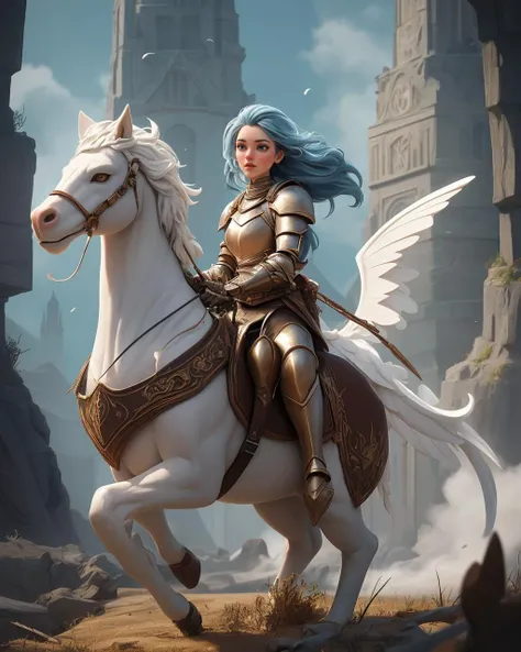 masterpiece, best quality,   a female knight from a fantastical realm riding a mythical creature