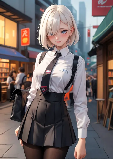 AveTetsuyaTI, 1girl, black footwear, platinum blonde hair, hair over one eye,   amber eyes, collared shirt, full body, grey background, jacket, loafers, looking at viewer, necktie, pantyhose, pleated skirt, red necktie, school uniform, shirt, shoes, short ...