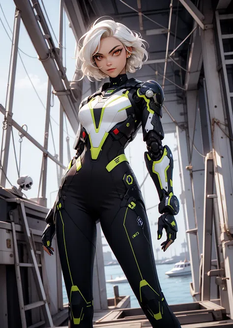 masterpiece, best quality, 1girl, dynamic pose in shipyard, white hair short hair one side up, robot eyes, red eyes, armor, CyberskullAI <lora:CyberskullAI:0.65>