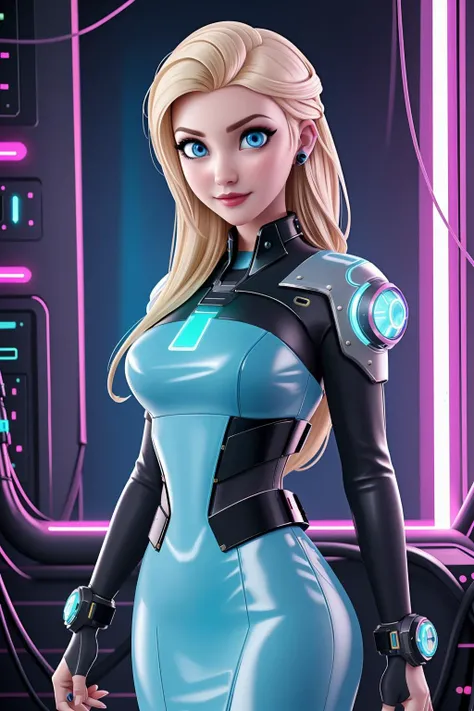 (cyberpunk style, , futuristic clothes), <lora:Elsa_character-20:0.65> ElsaWaifu, blond hair, bright blue eyes, cute face, casual futuristic outfit , leather (, science-fiction , cyberfashion dress , cyborg , hacker , dystopian, futuristic , wires, technol...