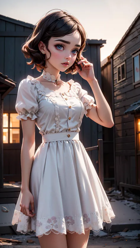 FlorencePugh,Parisienne dress,feminine pose,well-lit wooden structure,abandoned Wild West ghost town,late afternoon,colorful red orange yellow light,very emotional camera angle,medium format camera,in the style of (Life Magazine),