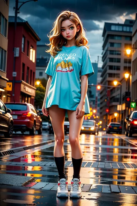 (full body shot) 22 year old woman,(getting rained on),(standing in the rain),long golden brown hair,green eyes,((wearing an oversized shirt, socks with high--tops)),(best quality, masterpiece:1.2),(photo-realistic),cute,cityscape,night,lots of rain,wet,