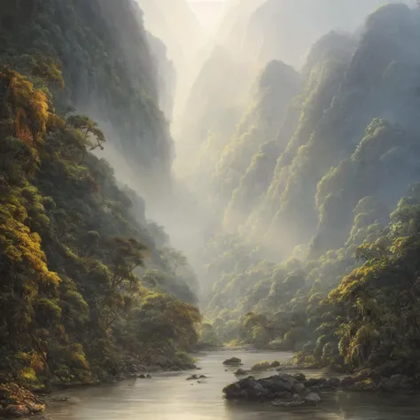 samdoesarts style. Oil painting of landscape, epic scale, soft colors, muted contrast, extremely detailed and intricate. Mountainous tropical jungle valley river. Light fog, sunrise. God rays, sharp focus