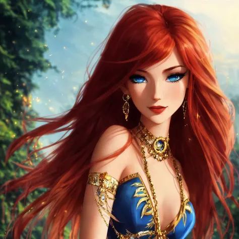 samdoesarts style. glamour portrait. cute, stunning girl. elf ears, wild red hair, detailed blue eyes. blue halter dress, gold adornments, gold heeled boots. (amused, confident, elegant:1.4). jungle clearing, beautiful sunset, sunrays. fine details, realis...