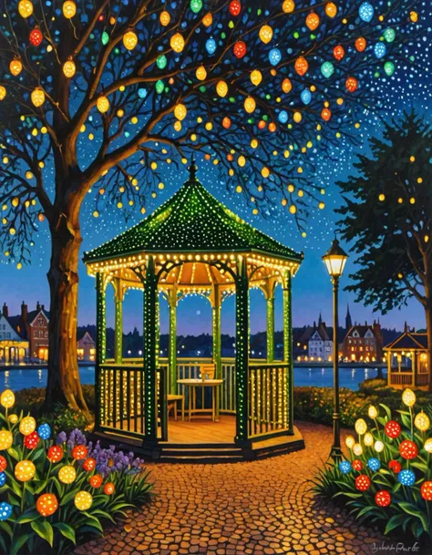 fairy lights, gazebos in the style of pointillism, by artist Julian FaÅat