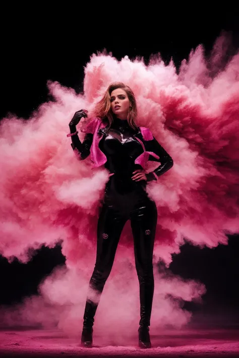 (pink powder:1.2),1girl,futuristic bold kinky female,fine art black bodysuit,concept illustration,light and shadow play,captures feeling over form,fashion pose,city at night,<lora:Powder_v2.0:0.9:lbw=0,0,0,0,0.4,0,0,0.1,1,1,1,1,0.4,0.4,0.9,0.3,0.3>,