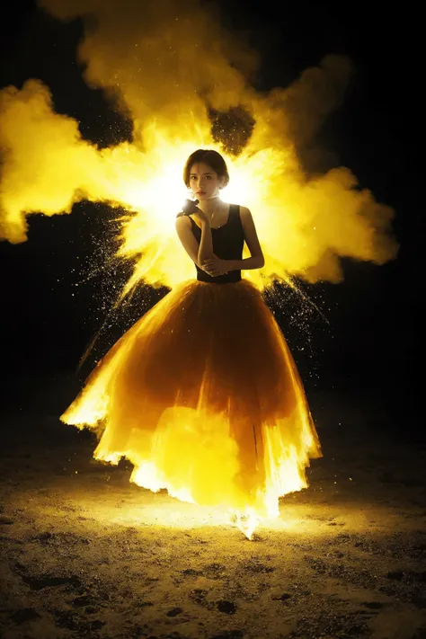 a photo of a asian girl at magmar,realism,yellow powder,dynamic pose,Radiant Blast attack,light and shadow play,<lora:ColoredPowder_v1.0:0.6>,