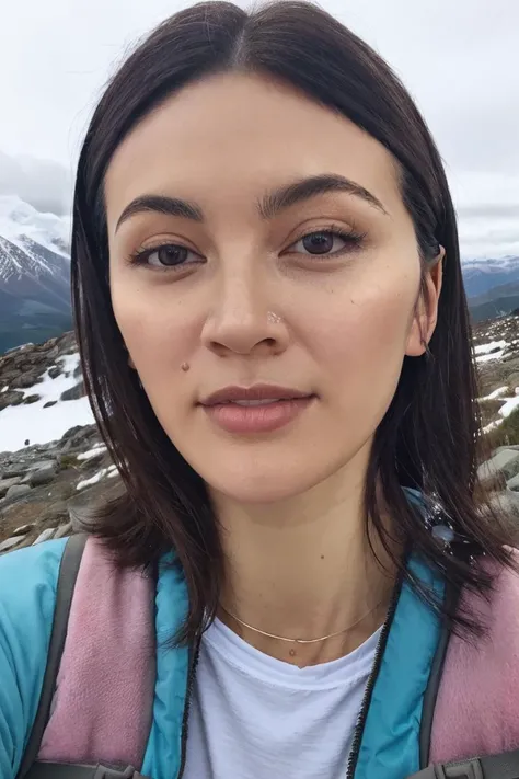 1girl, solo, face, selfie, smile, portrait of a hiker girl, snowy mountain trail, scenic view, female focus, photorealistic, soft colors, masterpiece, high quality, (high detailed skin:1.1)
 <lora:jessica_henwick_lora_v01:1> jhen92, mole