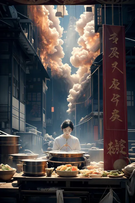 there is a woman cooking food in a large pot on a table