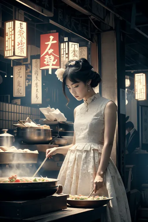 woman in a white dress cooking food in a large pan