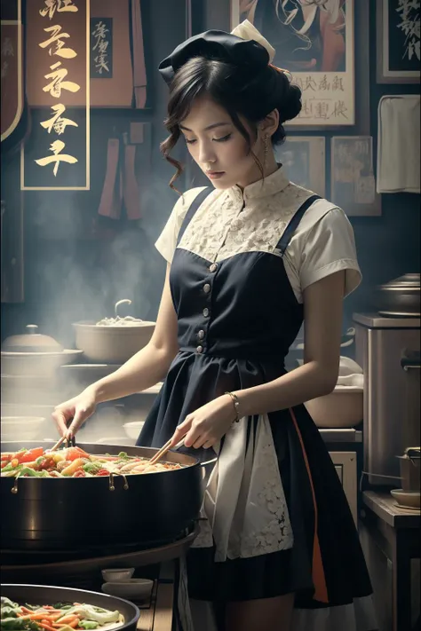 woman in a maid's outfit cooking a meal in a wok