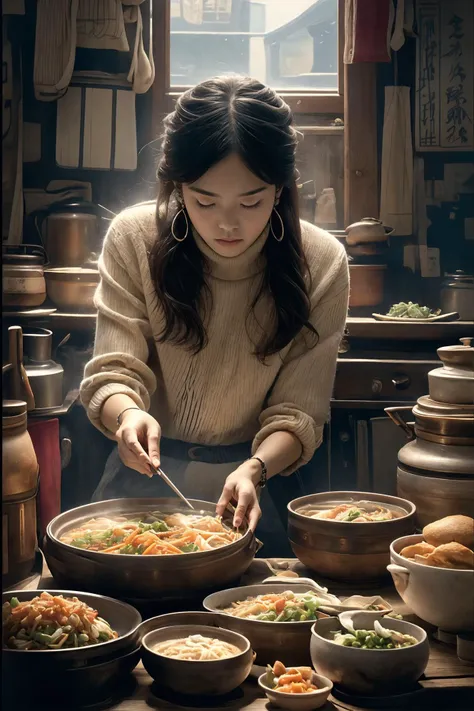 woman preparing food in a kitchen with many bowls of food