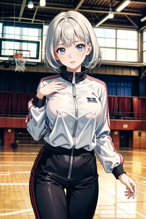 a woman in a silver jacket and black pants standing in a basketball court