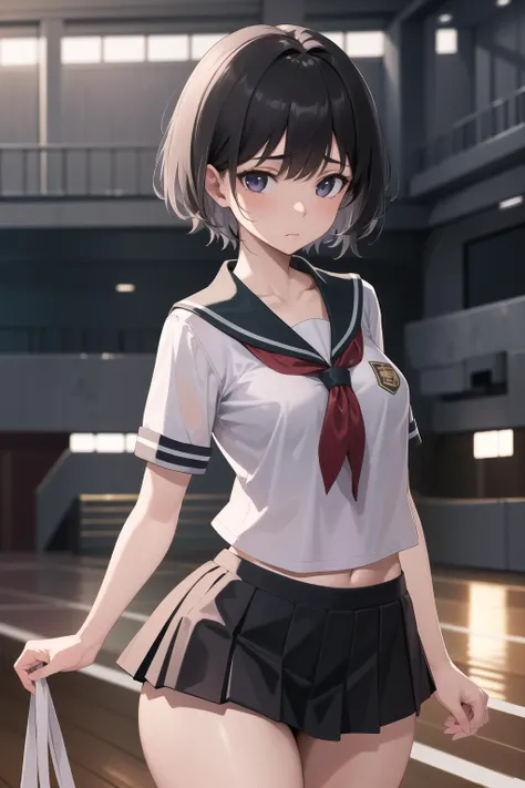 (masterpiece, best quality, highly detailed, high resolution), 1girl, solo, short black hair, cleavage, (small breasts, slim body, wide hips), cinematic lighting, perfect lighting, shy, thicc, <lora:school_gym_v0.1:1>, school gym, school uniform, skirt