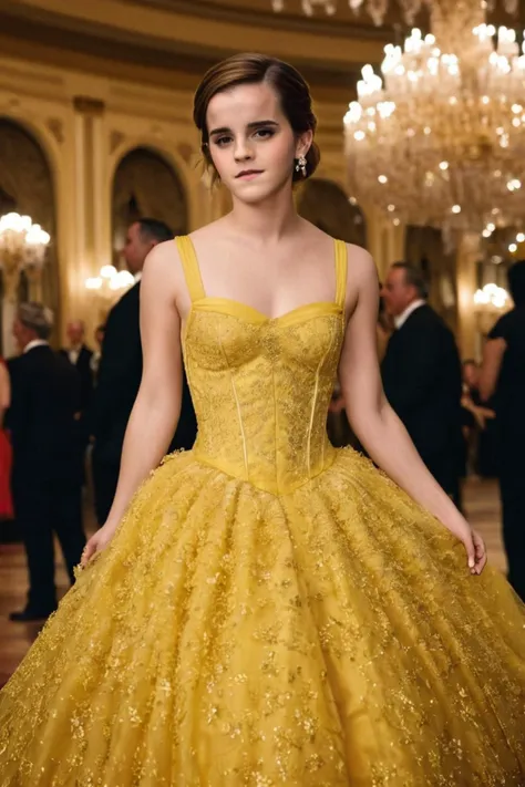 a woman in a yellow dress standing in a ballroom