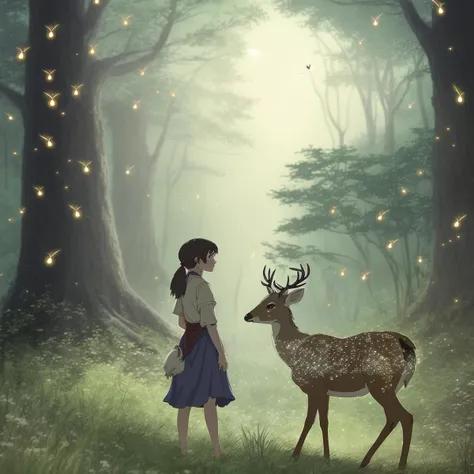 Princess Mononoke,girl,(fireflies everywhere: 1), (Studio Ghibli: 0.8), (Large Deer: 0.5), Forest Spirit, Ancient Japan, Environment, Tribe, Animation, Mythology, Sustainability, Epic, Environmentalism, Wilderness, (peaceful: 1), (dreamy: 0.6)