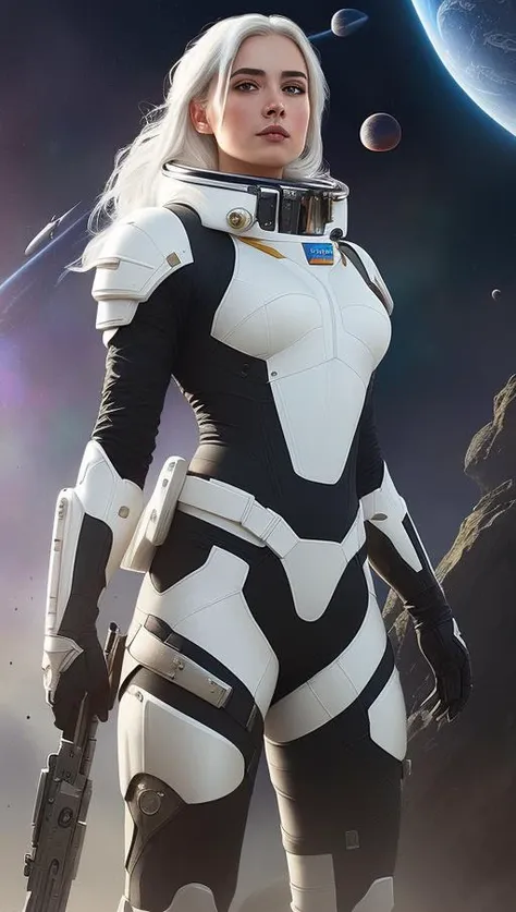 (extremely detailed cg unity 8k wallpaper), full shot body photo of a (((beautiful badass woman space solider))) with ((white ha...