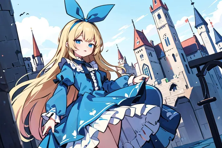 best quality, detailed illustration,1girl,solo,alice (alice in wonderland),blonde hair, hair ribbon, frilled dress, frilled skirt, frilled sleeves, blue eyes, very long hair,castle background,