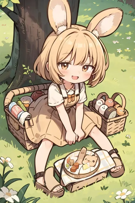 best quality, detailed illustration,chibi, brown rabbit girl, happy, smile, picnic basket, picnic seat,