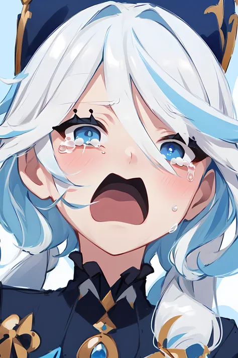 anime girl with blue eyes and white hair wearing a blue uniform