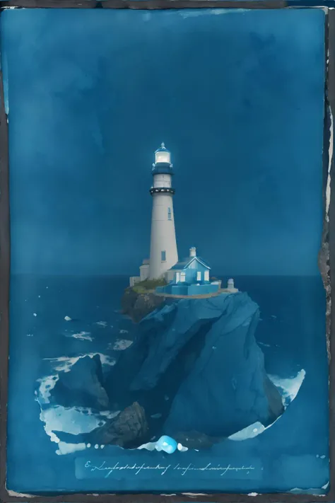 <lora:cyanotopia:1.0>, algae_cyanotype, lighthouse on a rocky cliff, masterpiece, 8k, high resolution, shallow depth of field, sharp focus