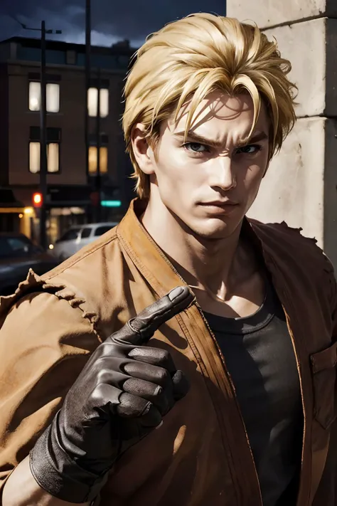 ryokof, man, musuclar, blonde hair, dougi, gloves, fingerless gloves, looking serious, portrait. 
outside, city, street, building, night, flash photography lighting, extreme detail, hdr, realistic quality, <lora:RyoSakazaki:.8>