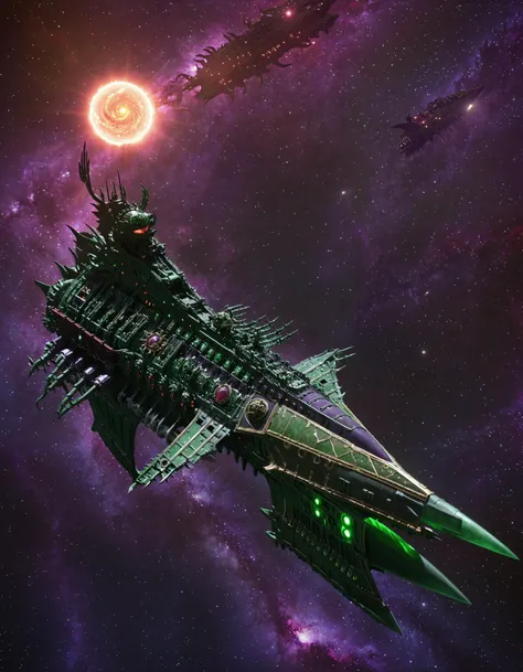 cinematic shot of chaoswarfleet battleship in space, side view, growths and tentacles,nabstract galaxy backgroud, swirling liquid sun background, glowing (red:0.6) chaos sun, atmospheric (purple:0.7) haze, (green:0.8) filaments, Film grain, dark scifi (hor...