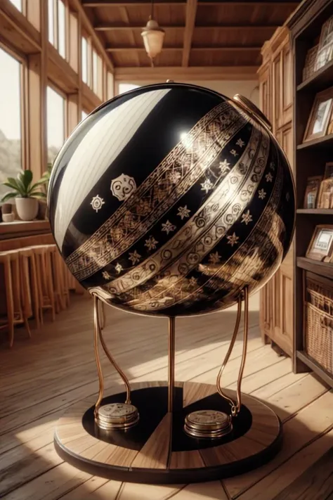 there is a large globe with a black and gold design on it