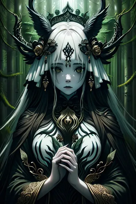 woman in a mythical forest, masterpiece, perfect face, intricate details, horror theme, raw photo, photo unp <lora:PianoStyle:1> P14n03l3g4nt3b0n3, ebony, ivory, luxurious,