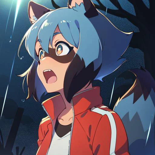 Michiru_kagemori, 1girl, animal_ears, blue_hair, body_fur, furry, furry_female, raccoon_ears, raccoon_girl, raccoon_tail, short_hair, tail, red_jacket, track_jacket, white_shirt, open mouth, screaming, scared, night, rain, lightning, lightning strike, outs...