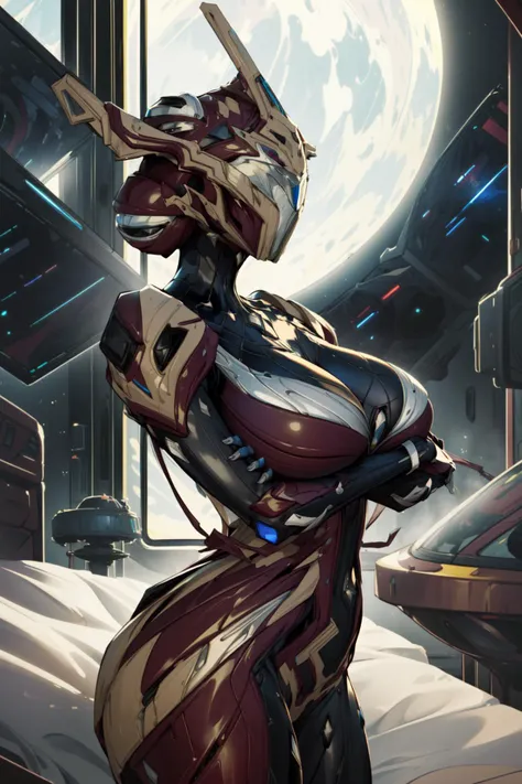 masterpiece,best quality,absurdres,1girl,mature female,khora,huge breasts,wide hips,thick thighs,bodysuit,helmet,armor,face covered,crossed arms,breast squeeze,bedroom,spacecraft interior,science fiction,from side,<lora:khora:0.7>,