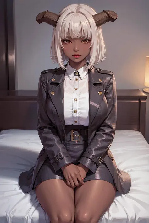 trench coat, frisia, 1girl,  dark skin, horns, dark-skinned female,  short hair,  Bob Cut,   very short hair,  white hair, sitting,
masterpiece, best quality, 8k