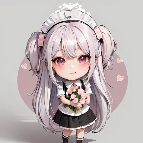 ((long hair)),(chibi:1.4),stand with arms crossed,holding flowers,(white hair),wearing a maid outfit, chibi,school uniform, skirt, colorful variant, city, subtle face, from below, round pupils, round eyes, earrings, allies of darkness. <lora:add_detail:0.5...