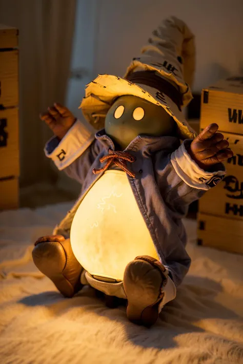 vivi shaded lamp, cute_lamps, shaped lamp, (glowing:1.3),   <lora:cute_lamps:1> <lora:lora:1> vivi, vivi ornitier, ((gloves)), full body, surprised, large eyes,(hat, black face:1.3), chibi