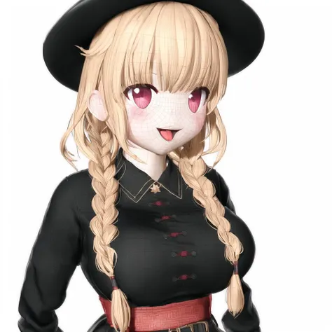 <lora:animewireframe:1>, animewireframe, 3d character, computer,
1girl, (^o^)/, arms up, black shirt, blush, braid, breasts, china dress, chinese clothes, collared shirt, dress, happy, hat, large breasts, long hair, muscle, muscular female, open mouth, sca...