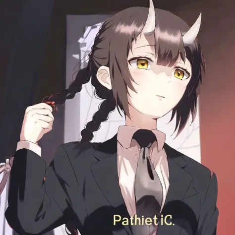 <lora:pathetic_meme_rifv2:1.0>, patheticmeme, upper body, 

<lora:onihors:1>, oni horns, oni, horns, 1girl, arm at side, arm behind back, bangs, black neckwear, black pants, bottomless, braid, braided ponytail, breasts, brown hair, business suit, collared ...