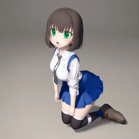 <lora:animewireframe:1.1>, animewireframe, 3d character model, computer-generated image, blender, 
1girl, bangs, bent over, black footwear, blue skirt, blue socks, blush, breasts, brown hair, brown vest, collared shirt, green eyes, grey background, looking...