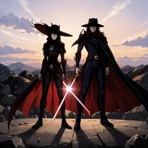 <lora:VampireHunterD004:0.4>,
VampireHunterD,
hat,
gem_necklace,
cape,shoulder armor,
bodysuit,
skull_belt,
boots,
sunset,holding sword,energy blades,