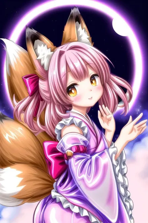 a girl in a pink dress with a fox tail and a pink dress